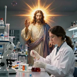 A woman scientist and Jesus in a university lab, running the experiment that proofs Jesus transubstantiation