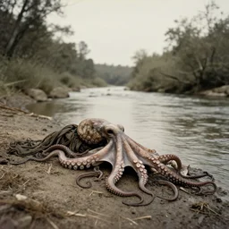 low angle panorama scary unproportionable dead body of octopus on side of the tribal river, 1900s picture