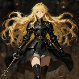 baroque oil painting japanese light novel cover full body illustration lotr anime key visual stunning low angle action shot | young girl black military crusader maid with long flowing blonde hair | symmetrical perfect face fine detail | gapmoe kuudere moody high contrast dynamic lighting stunning bokeh | trending pixiv fanbox | by greg rutkowski makoto shinkai takashi takeuchi studio ghibli