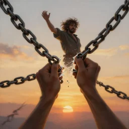 an inspirational painting of chains breaking, by delphin enjolras, sunrise background, freedom, a new dawn, highly detailed, sharp focus, cinematic, trending on artstation
