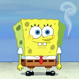 spongebob squarepants looking depressed and smoking a cigarette