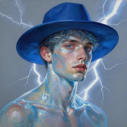 painting by krenz cushart!!, portrait of a handsome man with transparent blue skin color, blue hat, floating in the lightening, finely detailed features, intricate brush strokes, beautiful lighting, trending on pixiv fanbox.