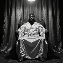 one Large black man sitting on throne wrapped in silk, background made of large folding silky curtains, dark, 8K photo realistic, black and white color, dimly lit, top light, dark