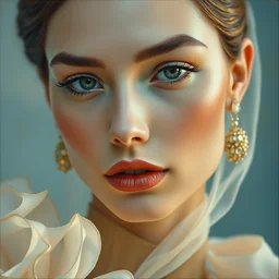 close up of face of a fashion model in luxury dress, pastel shades of light blue and light gold, painting by william turner, by neo rauch, highly detailed