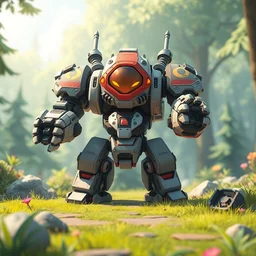 the fortress robot in the overwatch game, cute style, cg rendering, the background is a beautiful forest