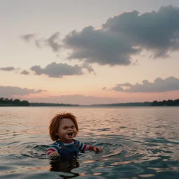 sunset clouds with an placid sound in the background and a screaming chucky swimming ashore by greg rutkowski cinematic 3 5 mm film