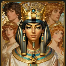 portrait of a beautiful egyptian queen with golden crown, beautiful symmetrical face, goldish, fantasy, regal, by stanley artgerm lau, greg rutkowski, thomas kindkade, alphonse mucha, loish, norman rockwell.