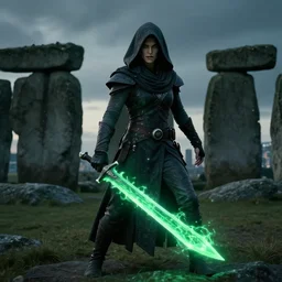 vfx film, photorealistic render, soul reaver, raziel irl, price of persia movie, missing jaw, hero pose, magic, scarf, hood, glowing green soul blade, in stonehenge vancouver city, flat color profile low - key lighting award winning photography arri alexa cinematography, hyper real photorealistic cinematic, atmospheric cool colorgrade