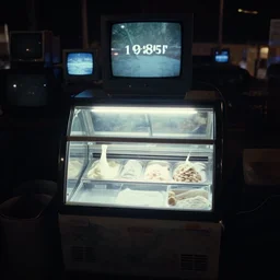 an ice cream fridge in the middle of a neapolitan ice cream river, from 1 9 8 5, bathed in the glow of a crt television, crt screens in background, low - light photograph, photography tyler mitchell