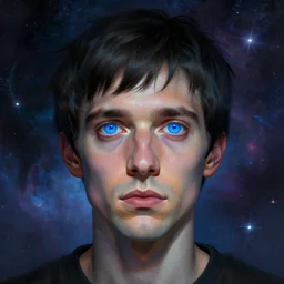 surreal portrait of a man by Greg Rutkowski, symmetrical face, he is about 30 years old, short black hair with bangs, his features are a mix between French, Turkish and Russian, transformed into a kind of biomechanical transhuman god, blue glowing eyes, uncany but fascinating, expression of epiphany and determination, cosmic void background, frightening, fascinating, highly detailed portrait, digital painting, book cover, artstation, concept art, smooth, sharp foccus ilustration, Artstation HQ