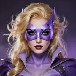 character concept portrait, symmetrical head - on centralized, dinah drake, ( domino mask ), blond, lilac costume. detailed, high quality, dynamic lighting, fantasy. artwork by artgerm, wlop, alex ross, greg rutknowski, alphonse mucha