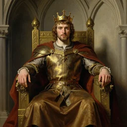 attractive bradley james as king arthur pendragon, sat in his throne, big arches in the back, very detailed painting, by gaston bussiere, craig miller, j. c. leyendecker