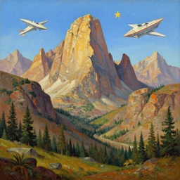 rocky mountains landscape in the style of dr. seuss, starships, painting by albert bierstadt