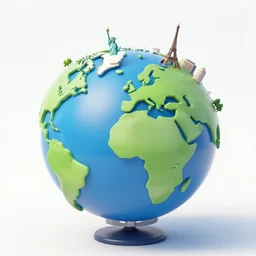 an isometric globe with the statue of liberty the eiffel tower and other famous landmarks on it, 3 d render, 3 d model