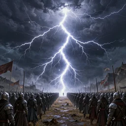 powerful thick lightningwall inbetween two medieval armies, highly intricate details, trending on artstation, cgsociety, 8 k, cinematic, unreal engine, octane render, illustration digital painting, sharp focus, art by wlop and greg rutkowski, rule of thirds, golden ratio, ambient lighting