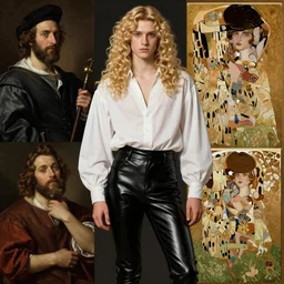 clean cel shaded art of a pale androgynous young man with long fluffy curly blond hair in black leather riding pants and a white poet shirt, Alexandre Cabanel, norman rockwell, peter paul rubens, maler collier, frank frazetta, alphonse mucha, gustav klimt 4k, unreal 5, DAZ, french noveau, trending on artstation, octane render, hyperrealistic