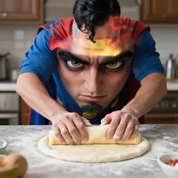 superman making a pizza dough in kitchen, 4 k, highly detailed face, detailed eyes