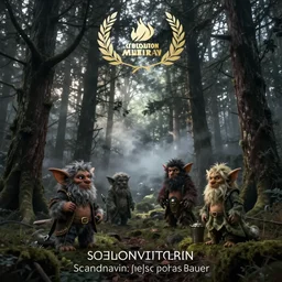 scandinavian folklore with trolls and elves, misty forest in the style of john bauer, dramatic lighting, lithography
