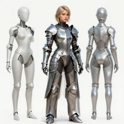 realistic futuristic girl cyborg medieval armor metal clean design by apple, character sheet, greg rutkowski, zabrocki, karlkka, jayison devadas, phuoc quan, trending on artstation, 8 k, tsutomu nihei, giger, zenith view, pincushion lens effect