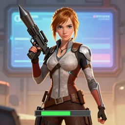 Katniss Everdeen holding a rocket launcher, cover art by Stephen Bliss, boxart, loading screen
