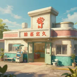 retro hospital concept art, 8 k photorealistic, hd, high details, trending on artstation