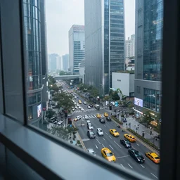 look down from window to busy street, futuristic city