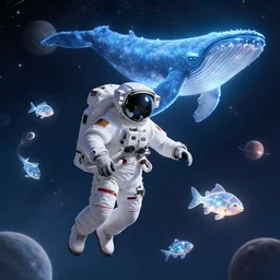astronaut floating in space, transparent glowing fish, large glowing whale, stars and planets, unreal engine, highly detailed, digital painting, artstation, concept art, sharp focus, by vividope