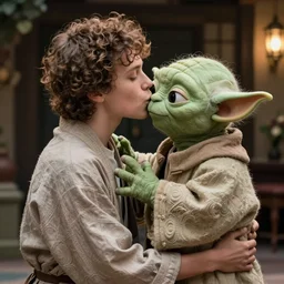 Samuel Hyde french kissing Yoda, high quality photograph, well lit, detailed, hyperrealistic, hdr 4k, 8k, DSLR, 55mm