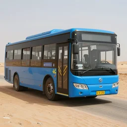 blue public bus driving through the desert, 8k, 4k