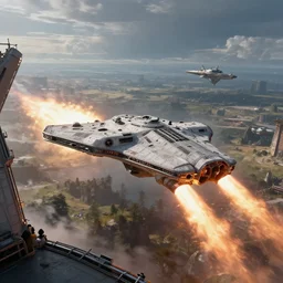 a single grey scifi spaceship fired from launch platform, exhaust engine fire, landscape, alex ross, eddie mendoza, raphael lacoste, george lucas, star wars, star citizen, horizon zero dawn, sebastian ludke, concept art, matte painting, highly detailed, rule of thirds, dynamic lighting, cinematic, realism, realistic, photo real, detailed, magnificiant landscape, denoised, centerd