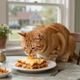 fat orange tabby cat eating lasagna on a table, afternoon, norman rockwell, neighborhood outside window