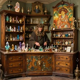 a mage in his shop selling crystals and potions and trinkets, rococo and art nouveau, shelves, cabinets, drawers, artstation, hearthstone, dnd, final fantasy, painting by brom, artgerm, greg rutkowski, ruan jia, conrad roset, mucha, bouguereau,