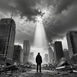 god rays illuminating a homeless man in a destroyed modern city, nuclear explosion in background!!, wide angle, award winning, cloudy sky, sharp focus, black and white, skyscraper, nuclear fallout