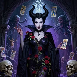 closeup portrait succubus gothic disney varga elvira maleficent rose vine medusa standing under an arcane arch during a magical seance, cthulhu, kraken, skulls, spider webs, glamour pose, moebius, gta v, dan mumford, alphonse mucha, volumetric lighting, patrick nagel, tarot card, d & d, new art nouveau, greg rutkowski,
