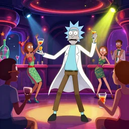 rick and morty in a fancy interstellar nightclub dancing and drinking, partylights, great colors, by esao andrews, trending on artstation