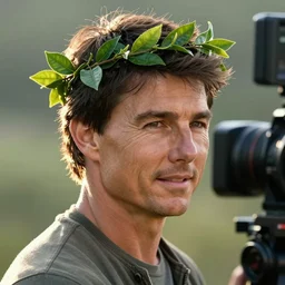 Tom Cruise as a god of yerba matte, crown on head with tea leaf, shot from professional camera, ultra realistic, rim light, beatiful ambient lights