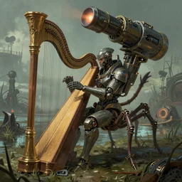 full shot portrait of eight - legged medieval - cyberpunk - mech with giant laserturret and playing on the laser harp, cyberpunk 2 0 8 8, scene of swamp battleground background, elegant, digital illustration, detailed, intricate, sharp focus, digital painting, deep focus, artstation, art by artgerm and greg rutkowski and alphonse mucha