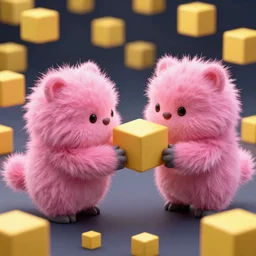 a battle between the pink fluffs that have super fluffy fur and the yellow cubes, volumetric lighting, epic, digital art