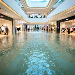 photo of inside a shopping mall the inside is flooded with over 7 meters of water clear beautiful water, highly detailed.