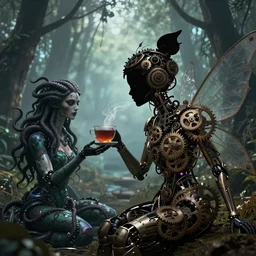 silhouette of an intricate mechanical fairy with visible gears having tea with a cyborg gorgon medusa in a magical forest. Very detailed 8k. Fantasy cyberpunk horror. Sharp. Cinematic post-processing