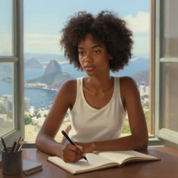 color graded portrait of a black brazilian girl studying by the window with Rio de Janeiro view, highly detailed, digital painting, artstation, concept art, smooth, sharp focus, illustration, art by artgerm and greg rutkowski and alphonse mucha