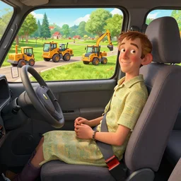 a driver seat view of a park cartoon with construction vehicles, hyper realistic, extremely detailed, raytracing, art by artgerm, greg rutkowski and alphonse mucha, artstation, octane render