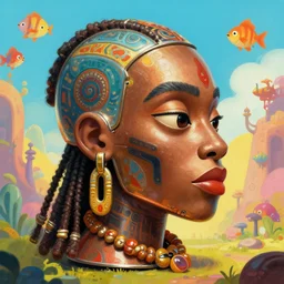 wide - angle profile face portrait of a tin toy african cybernetic shaman doing cyberpunk! voodoo, nicoletta ceccoli, mark ryden, lostfish, max fleischer, hyper realistic, artstation, illustration, digital paint, matte paint, vivid colors, bright, cheerful, detailed and intricate environment