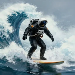 a beautiful digital painting of an astronaut in a black space suit surfing the great wave on a surfboard by greg rutkowski, photorealistic, trending on artstation, octane render