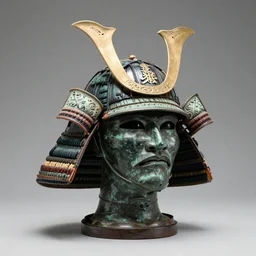 ancient japanese samurai helmet, old bronze statue, intricate detail, full shot, museum lighting, ultra detailed,