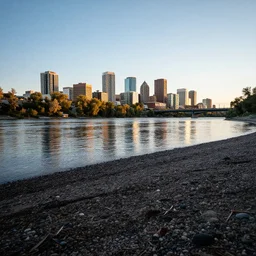 low angle shot of river beachfront at golden hour, award winning landscape, city of edmonton river valley as backdrop, wide angle lens, f / 1 0 aperture, 1 / 2 second shutter speed, fujifilm velvia