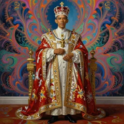 beautiful oil painting, full length portrait of Barack Obama in coronation robes 1701, baroque, Dan Mumford, Dan Mumford, Alex grey, Alex grey, highly detailed , lsd visuals, dmt fractal patterns, hallucinogen, visionary art, psychedelic art, ornate, vaporwave, baroque