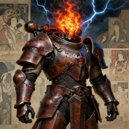 composition portrait mainem of gothic and futuristic, warhammer, cyber japan style armor, more and more scars, thunderstorm, fire head, brown, red and blue, highly detailed, artstation, in the style of moebius, jugendstil and classic japanese print, art by jean delville and rene magritte