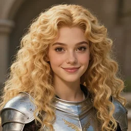 young dark blond goddess girl with long curly, golden hair, perfectly proportioned face, brown eyes, sweet smile, strong jawline,, natural lighting, path traced, highly detailed, high quality, cartoon, digital painting, by new haicheng and studio ghibli and alphonse mucha wearing a medieval armor designed by h. r. giger
