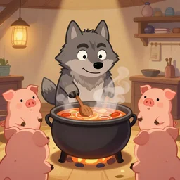 a cartoonish cute big wolf is being cooked alive in a steaming hot giant cauldron inside a comfy home, while three cartoonish cute anthropomorphic pigs watch, warm lighting, magical atmosphere, trending on artstation, 30mm, by Noah Bradley trending on ArtStation, deviantart, high detail, stylized portrait